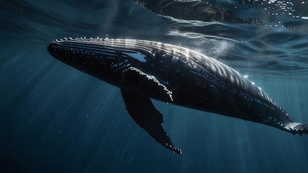 a whale is swimming under the water with its tail up