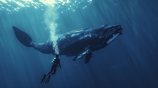 a whale is swimming in the water with a man and woman