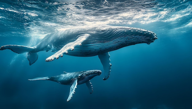 a whale and its whale are swimming in the water