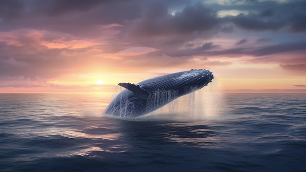 A whale jumps out of the water in the sunset rays of the sun in the ocean Pisces