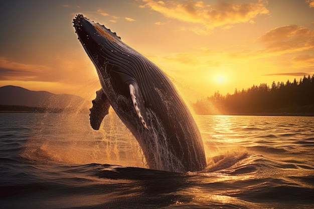 whale in the light of the sun at sunset close up