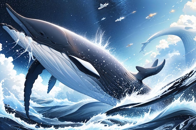 A whale in the ocean with a blue whale in the background