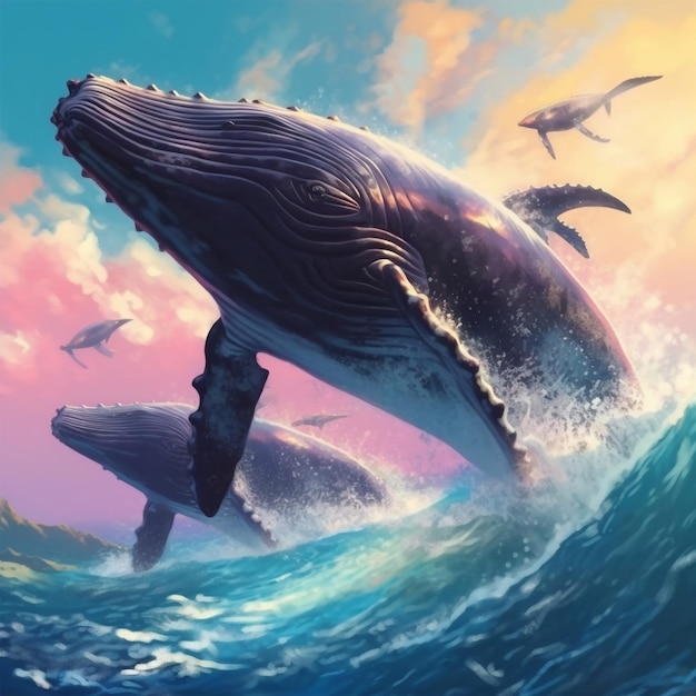 A whale in the ocean with a pink sky and the words " whale " on the bottom.