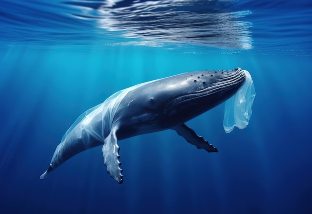 A whale in the ocean with a plastic bag in its mouth.