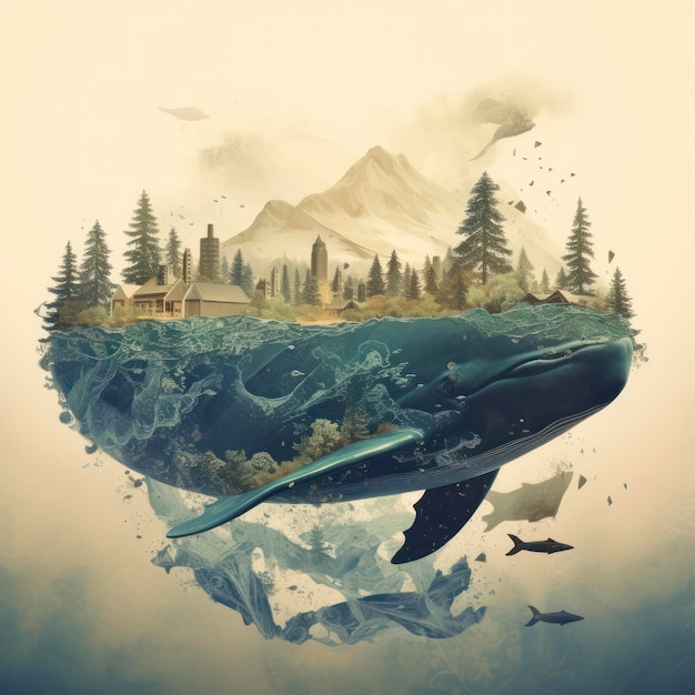 Whale sea and forest double exposure effect