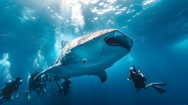 Whale Shark Gliding Through Sunlit Blue Waters as Divers Admire From Below