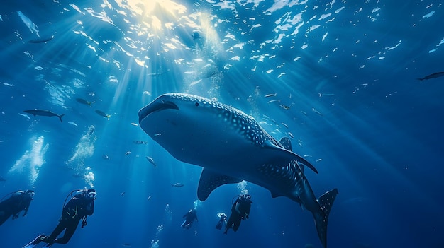 Whale Shark Soaring Above Scuba Divers in Stunning Underwater Scene