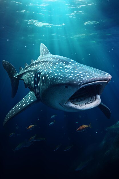 A whale shark swimming under a blue water surface