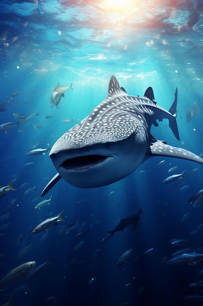 Whale shark swimming in the deep blue ocean 3d illustration