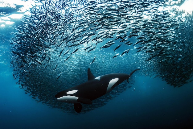 Whale Shark Swimming Under Large School of Fish