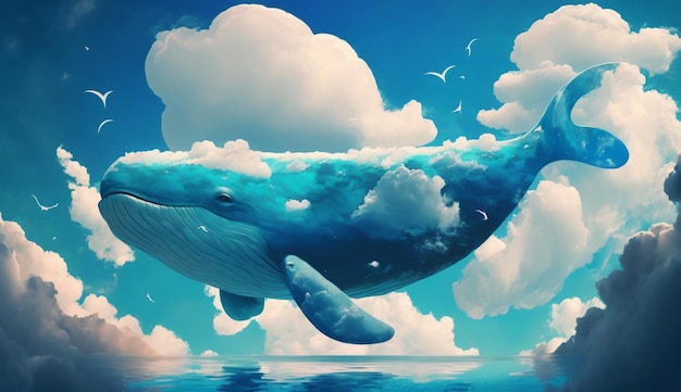 Whale in the sky with Illustration of clouds on a blue background Beautifully painted sky