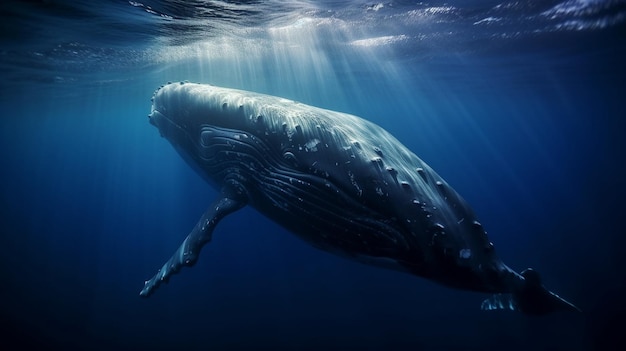 A whale swimming under the water with the sun shining on it.