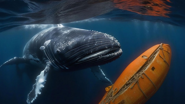 Photo a whale swims next to a yellow boat that went down