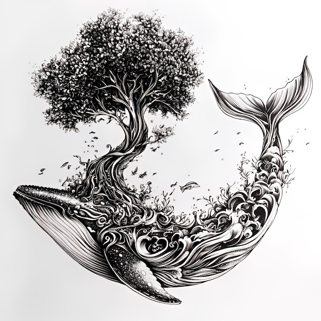 Whale and Tree Intertwined in a Whirlwind of Nature