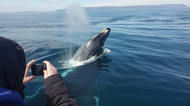 Photo whale watching tour in iceland on sunny day