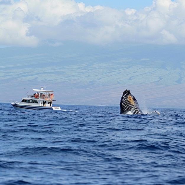 Photo whale watching tour with humpback whales breaching in the distance