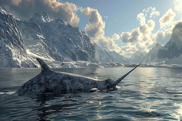 a whale in the water with mountains in the background