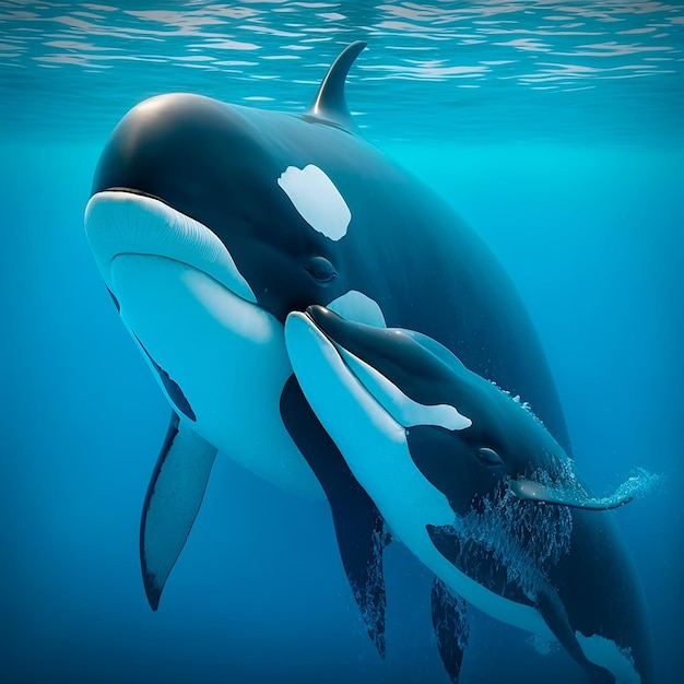 A whale with a black and white tail is swimming in the water.