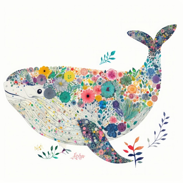 A whale with flowers and leaves on it