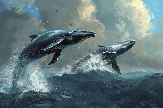 whales jumping in water