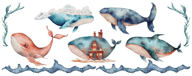 whales pink and blue watercolor fantasy illustration isolated on white