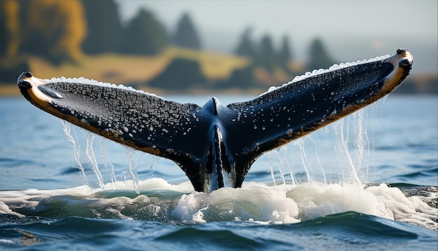 Photo a whales tail on seawater with a spray