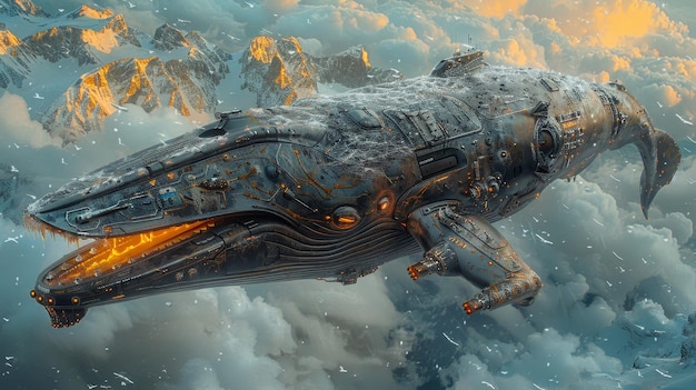 WhaleShaped Spaceship Soaring Above Snowy Mountains