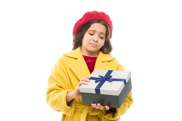 Not what i expected little girl child in french beret feel disappointment small parisian girl with unhappy face spring shopping childrens day France style child with present box disappointment