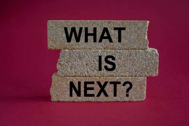 Photo what is next symbol concept word what is next on brick blocks beautiful red background