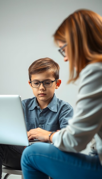 What is this Irritable young boy looking at a laptop while attending a female professional