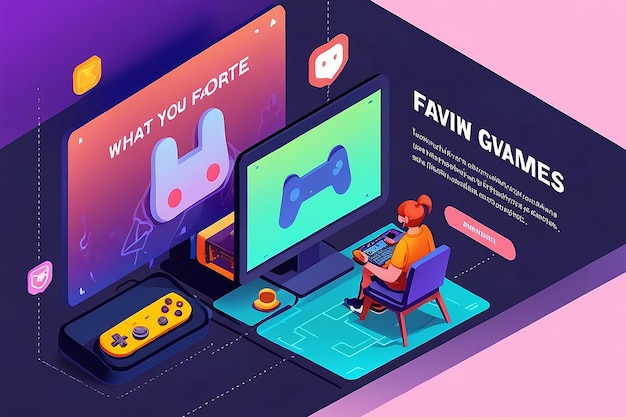 Photo what s your favorite games banner video and online games development digital gadgets for players landing page with isometric computer monitor console and joystick