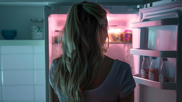 Whats for dinner Pretty blonde standing near open empty fridge Back view photo of th Generative AI