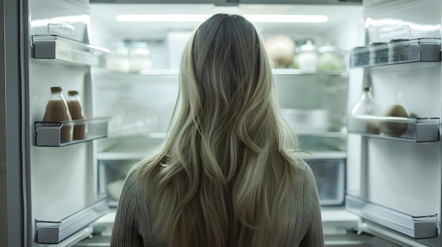 Whats for dinner Pretty blonde standing near open empty fridge Back view photo of th Generative AI