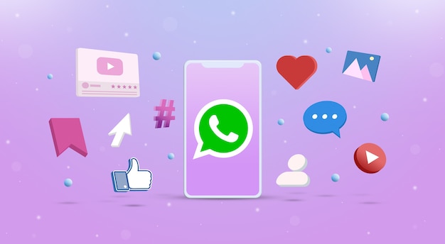 Whatsapp logo icon on the phone with social network icons around 3d