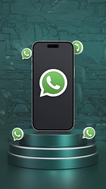 Photo whatsapp service smartphone mockup podium with whatsapp icons in realistic 3d rendering