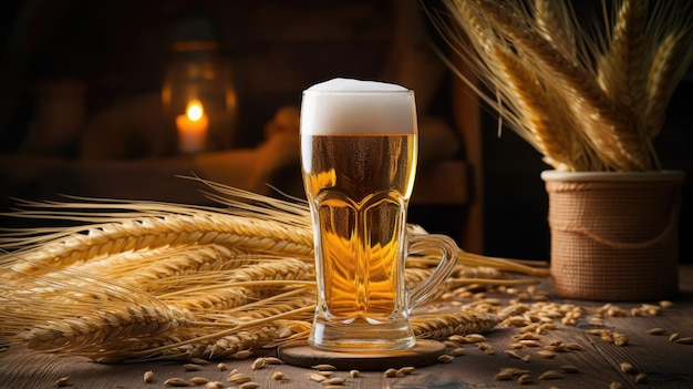 Wheat and barley ingredients of beer in front of a glass of beer Generative AI