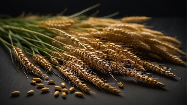 wheat ears on a black background with grains of wheat