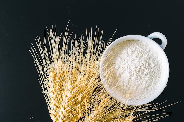 Wheat ears and flour on black background