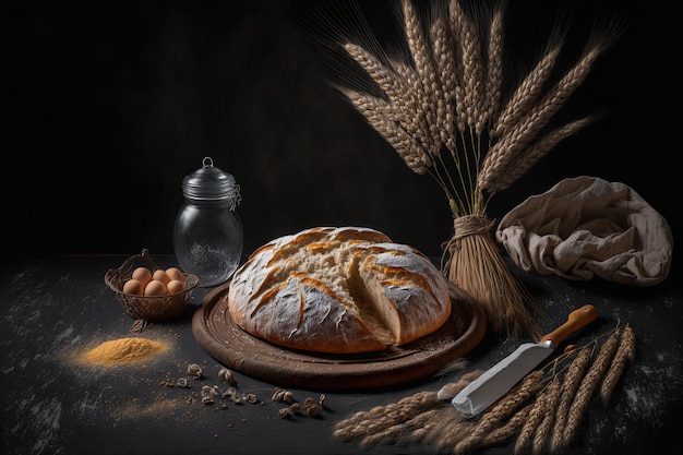 Wheat ears flour and bread on a dark board