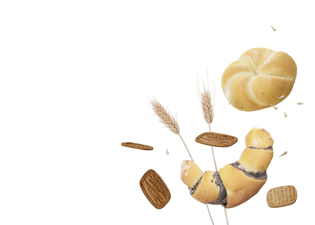 Wheat ears and pastries isolated on white background Copy space for text Celiac disease and gluten intolerance concept Healthcare healthy eating healthy lifestyle gluten free diet 3D rendering