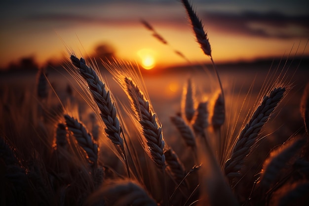 Wheat field Ai Ears of wheat on blurry sunset background