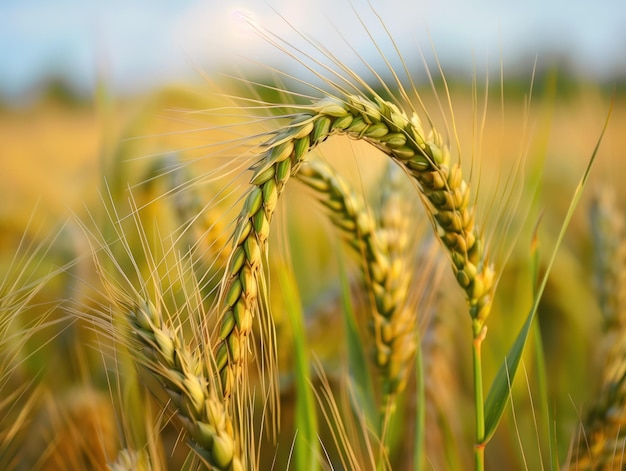 Wheat Field Closeup of a wheat ear bent in a graceful arch highlighted by the warm golden light of t