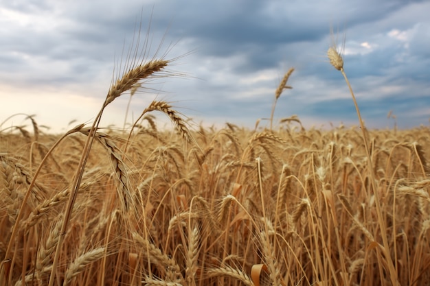 Wheat field. Ears of golden wheat close up. Beautiful Nature Sunset Landscape. Rural Scenery. Background of ripening ears of meadow wheat field. Rich harvest Concept