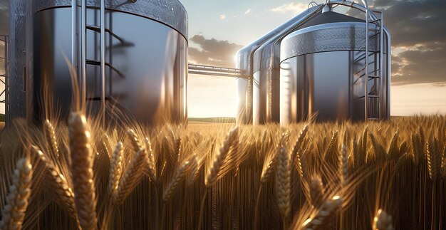 Photo wheat field next to some warehouses