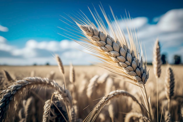 A wheat field with a blue sky in the background