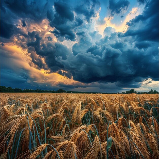 a wheat field with a storm cloud in the background