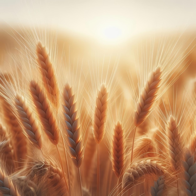 a wheat field with the sun behind it