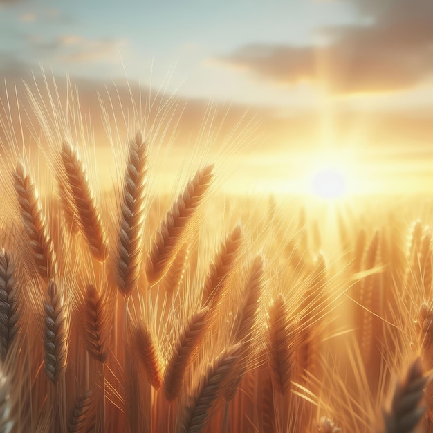 a wheat field with the sun behind it