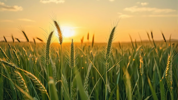 wheat field with the sun setting behind it