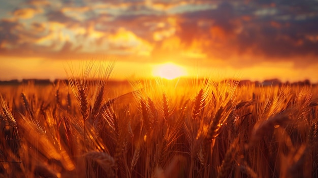 a wheat field with the sun setting behind it